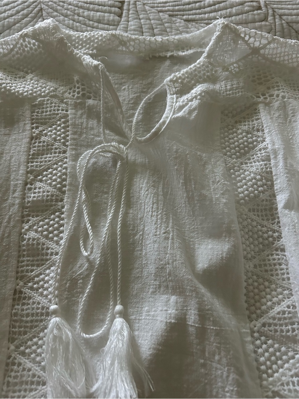 Classic White Lace over the Head Blouse with Tie Tassels 3/4 Length-Sleeve Small